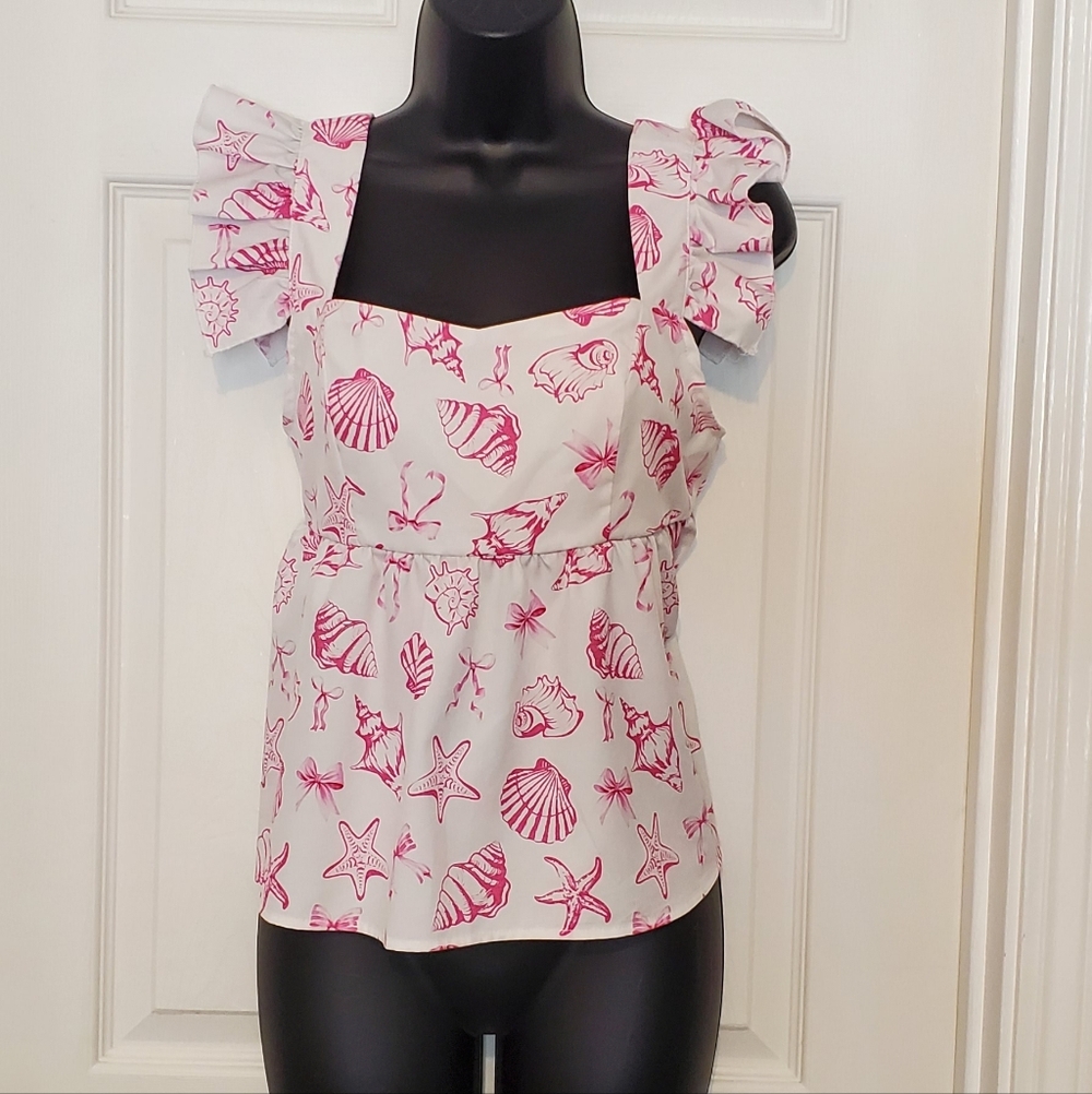 Pink Seashell Print Ruffle Top M